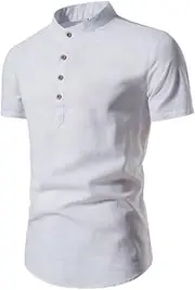 [TONGUC] Spring and Summer New Men's Fashion Slim Fit Solid Short Sleeve Shirt Business Standing Collar Cotton Hemp Half Open Men's Shirt White