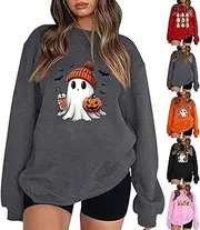 [Numaller] Halloween Sweatshirts for Women Ghost Oversized Crewneck Sweatshirt Cute Pumpkin Graphic Hoodies Fleece Pullover, Aa01 Dark Gray, Large