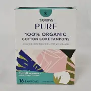 Tampax Pure Tampons 16 Count Organic Cotton Core Super Absorbency 1 Box
