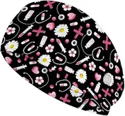 [Babrukda] Headband with Buttons for Mask Daisy Floral Black Turban Headwrap Nurse Doctors Dentists Sweatband Women Men Face Cover Holder Elastic Hair Accessories Hairbands for Working