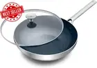 Stainless Steel 11" Wok Pan with Glass Lid, Induction Compatible, Diamond Infuse