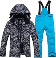 [7HAHA3] Children's Snowsuit Lightning Pattern Snowboard Ski Jacket Pants Set Youth Coat Warm During Skiing