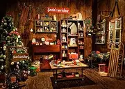 Christmas Santa's Workshop Photography Backdrop Vintage Rustic Wood House Cottage Gift Xmas Tree Decoration Background Kids Indoor Portrait Photo Studio Photobooth Props 7X5FT CEM251B