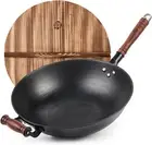 Cast Iron Wok Pan 14.2" Large Wok Stir Fry Pan Flat Bottom Wok with Lid and Wood