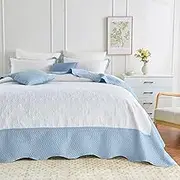 LINENOVA 3 Piece Coverlet Set for Double Bed- Ultra Soft Lightweight Microfiber Bedspread- Ultrasonic Embossed Pattern Bedding Cover for All Season - Blue (1 Coverlet, 2 Pillow Shams)