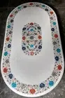Oval White Marble Dining Table Top Semi Precious Stone Inlay Work Hallway Table