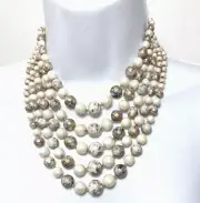 VINTAGE 5 STRAND WHITE PEARL WITH WHITE & GOLD SWIRL BEADED NECKLACE , JAPAN