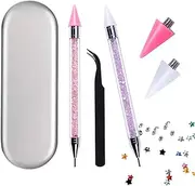 ANGNYA 2 Pack Rhinestone Picker Dotting Pen With 2 Replaceable Wax Tips And ​1x Tweezer, Dual-ended Diamond Picker Tools for Nails,Wax Pencil for Rhinestone Stainless Steel Double Head(Pink Purple)