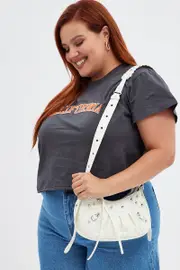 White Pleated Crescent Shoulder Bag With Stud Decor