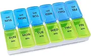 Weekly Pill Organizer, Pill Box Organiser, Travel 7 Day Pill Box Case(Twice-a-Day)Weekly AM / PM Pill Box Moisture-Proof Pill Case for Hold Vitamins Cod Liver Oil Supplements Medication (Blue Green)