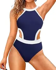 [Holipick] Women One Piece Halter V Neck Bathing Suit Ruched Ruffle Sexy Backless Swimsuit