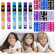 Children's Tattoo Pens, 6 Glitter Tattoo Pens for The Skin, with 10 Tattoo Stencils, 100 Patterns, Halloween Stickers, Face Children, for Girls, Fancy Dress, Birthdays, Christmas Party Dress Up