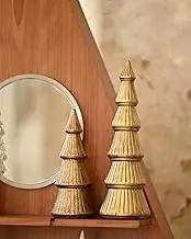 WONDROUS' DECO Wooden Christmas Tree Figurine, Tabletop Gold Tree Figurine, Set of 2 Desk Centerpieces for Christmas Decor