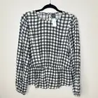 NEW NWT Gap Black White Gingham Plaid Long Sleeve Peplum Top Size Medium