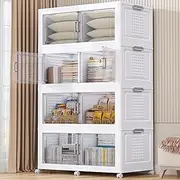 BROVIEW 200Qt Plastic Storage Bins with Lid and Wheels, 4Pack Extra Large Stackable Storage Bins with Dividers, Closet Organizers and Storage Cabinet, Collapsible Storage Box for Home, White