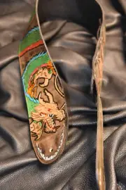 leather guitar strap custom made pearl green, tu 4" Dragons breath complete new