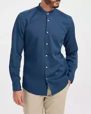 BOSS Hank Mandarin Collar Shirt Stretch Cotton Slim Fit Blue - Size 15.5 / 39