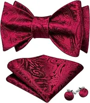 [YOHOWA] Silk Self Tied Bow Tie and Pocket Square Cufflinks Set for Wedding Party Tuxedo Men/Boys, Burgundy, One size
