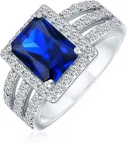 [Bling Jewelry] Personalize Art Deco Style 3CTW Rectangle AAA CZ Green Blue Emerald Cut Halo Cocktail Statement Engagement Ring For Women Wide Band .925 Sterling Silver Customizable