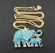 Betsey Johnson Necklace Blue Crystal Elephant Pendant Gold Tone