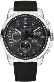 Tommy Hilfiger 1791563 Silver Tone Black Day Date Dial Leather Strap Mens Watch
