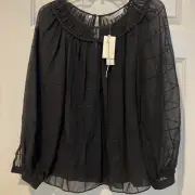 Rebecca Taylor Chiffon Grid Blouse + Tank Top Black Pintuck Sheer Cuff Sz S NEW