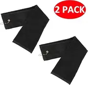 2 Pack Golf Tri-Fold Towel with Metal Carabiner Clip Sports Hiking Black 12inch x 16inch