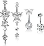 [Glupez] 4PCS Belly Button Ring 14G 1.6MM Stainless Steel Dangle Belly Button Rings Dangling Belly Rings Clicker Belly Button Ring Belly Piercing Navel Rings for Women