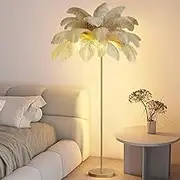 3 Colors Dimmable Feather Floor Lamp, Natural Ostrich Feather LED Standing Light, 160CM Golden Lamp Body, with 3pcs E27 Bulb, Living Room and Bedroom Decoration Lamps,Brown,Large