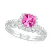 6.0mm Cushion-Cut Lab-Created Pink Sapphire and 0.25 CT. T.W. Diamond Frame Art Deco Bridal Engagement Ring Set in Solid 10K White Gold