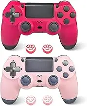 2 Pack Wireless Controller for PS4 Pink with Thumb Caps, Remote Controller for PS4/Slim/Pro/PC with Dual Vibration/6-Axis Gyro/3.5mm Audio Jack/Touch Pad/USB-C Port/2 x Cable/1000mAh Battery