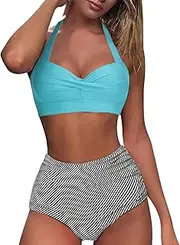[Generic] Bathing Suit with Skirt Sexy Push Up Two Piece Swimsuits Vintage Swimsuit Two Piece Retro Ruched High Waist Print Bikini Set Women Board Shorts Swim Wear