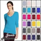 Womens V Neck T-Shirt Long Sleeve Stretchy Plain Jersey Top Casual Basic T-Shirt