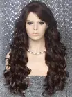 Human Hair Blend Full Wig Heat OK Long Wavy Bangs 6/30 Brown Auburn Mix