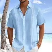 Men's Linen Shirt Guayabera Shirt Beach Wear Button Up Shirt Textured Vacation Casual White Blue Green Gray Short Sleeve Turndown Summer Spring Clothing Appare