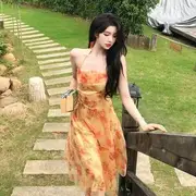 Sleeveless Halter-Neck Floral Print Midi Sundress Normal - Print - Light Tangerine - L