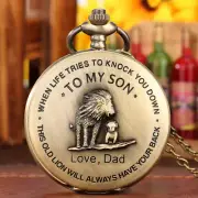 Bronze The Lion TO MY SON Pocket Watch LOVE DAD Quartz Movement Neklace Chain
