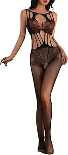 [SNOMYRS] Fishnet Bodysuit Sleeveless Mesh Catsuit Sexy Lingerie Crotchless Set Body Stockings One Piece, Black, One size