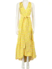 Yellow V Neck Striped Midi Dress