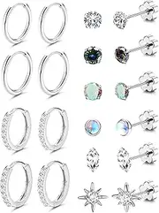 [Kakonia] Hypoallergenic Surgical Steel Flat Back Earrings for Multiple Piercing | 14K Gold Silver Small Cartilage Huggie Hoop Earrings Tiny CZ Opal Ball Sun Flatback Stud Earrings Set for Women Men for Sensitive Ears 20G