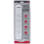 4 way Outlet Switched Surge Protected 2400W Power Board w/ 1m Cable/2 USB Port