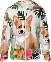 [FHEDVBN] Men's UPF 50+ Tropical Flower and Corgi Sun Protection Hoodie Long Sleeve Rash Guard Hiking Running Workout Shirt