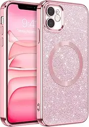 GaoBao Magnetic iPhone 11 Case, Slim Fit iPhone 11 Case [Compatible with MagSafe] Luxury Sparkle Shockproof Full Body Protective Shiny Phone Cases Covers for iPhone 11 6.1 inch, Pink Glitter