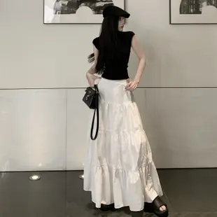 韓版時尚套裝女裝鏤空露背設計圓領短袖T恤上衣+高腰中長款褶皺白色雪紡半身裙兩件套