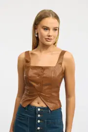 Brown Faux Leather Vest - Size 6XXS, Women's Pu Jacket