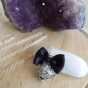 Personalised Pregnancy Ball with Chain Diah Silver Cage with Arabesque and Festoon Ball White Satin Bow Black