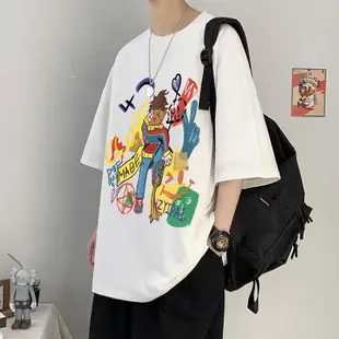 夏季男式圓領上衣 卡通印花五分袖T恤 寬鬆休閒大尺碼 素色運動白T ins韓風