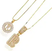 [BnMvF] 2 Pack Initial Letter Pendant with Zircon Stones for Women,Caorcharebs Personalized Alphabet Pendant Initial Necklace,14K Gold Plated Letter Necklaces Gifts for Women
