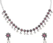 [Efulgenz] Choker Necklace Earrings Set Oxidized Indian Jewelry Set Pink Indian Oxidized Jewelry Antique Boho Crystal Faux Pearl Floral Necklace Drop Dangle Earrings Bohemian Statement Jewelry Set for