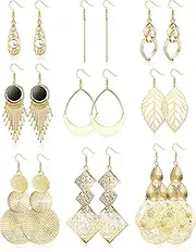 [Sanfenly] 9 Pairs Drop Dangle Earrings Stainless Steel for Women Girls Boho Vintage Silver/Gold Tassel Drop Earrings Set Hypoallergenic Leaf Long Bar Earrings Fashion Jewellery